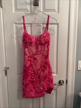 Bright Pink Floral Sequin Bustier Prom Dress